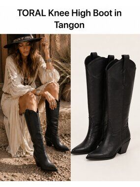 TORAL Tangon Black Leather Western Knee High Cowboy Boots Approx US 9.5